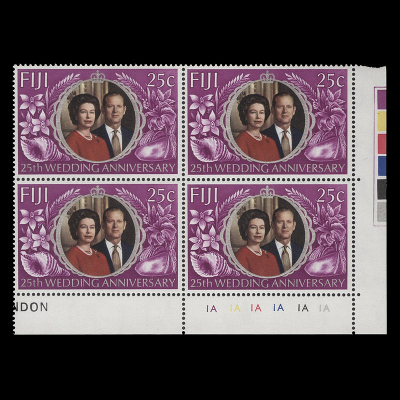 Fiji 1972 (MNH) 25c Royal Silver Wedding plate 1A–1A–1A–1A–1A–1A block