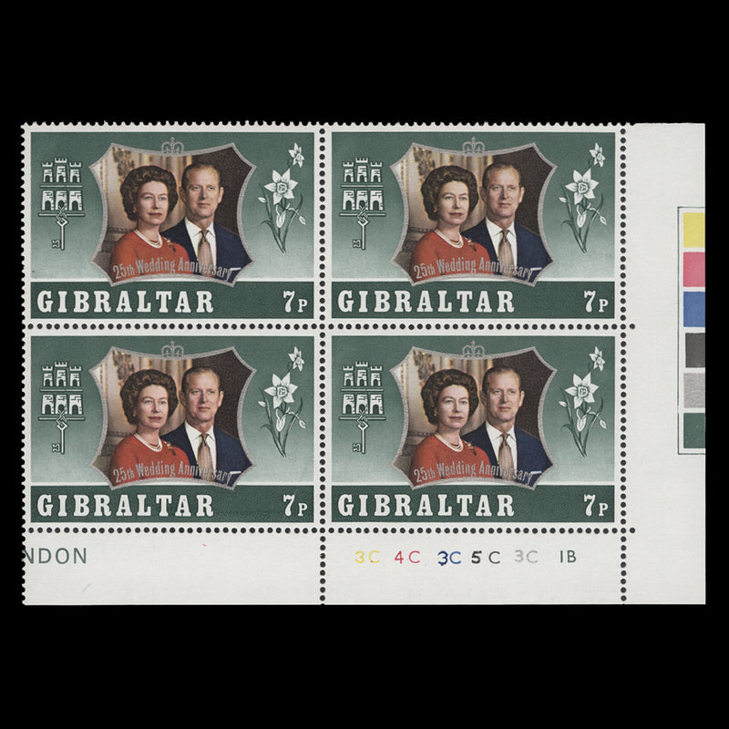 Gibraltar 1972 (MNH) 7p Royal Silver Wedding plate 3C–4C–3C–5C–3C–1B block