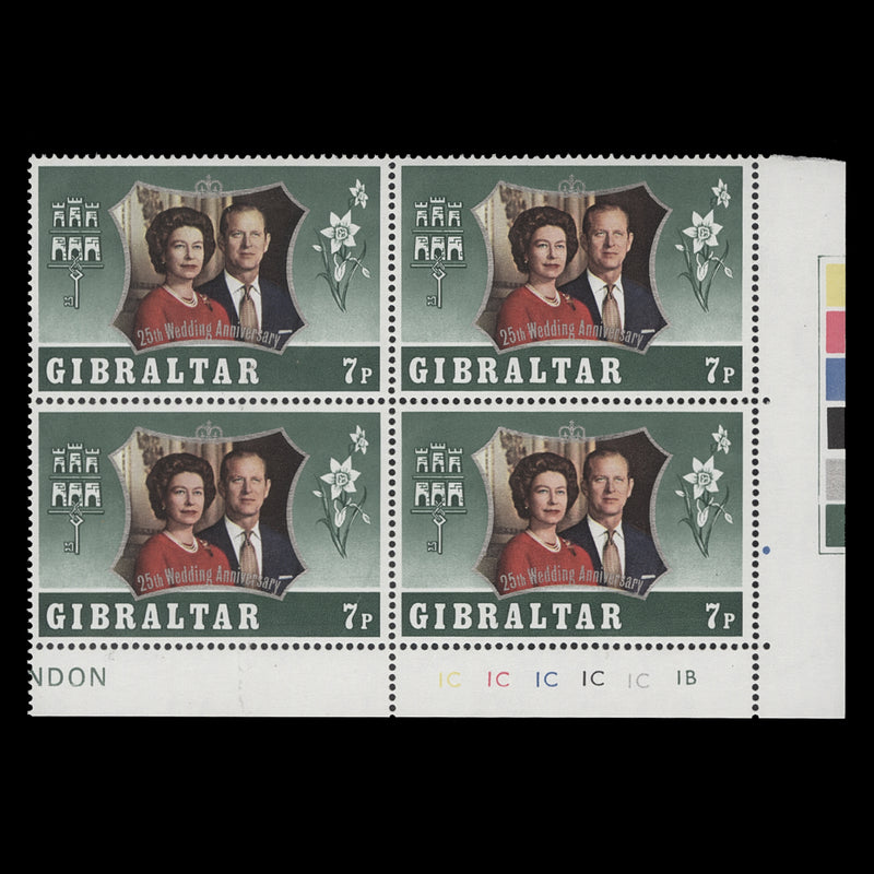 Gibraltar 1972 (MNH) 7p Royal Silver Wedding plate 1C–1C–1C–1C–1C–1B block