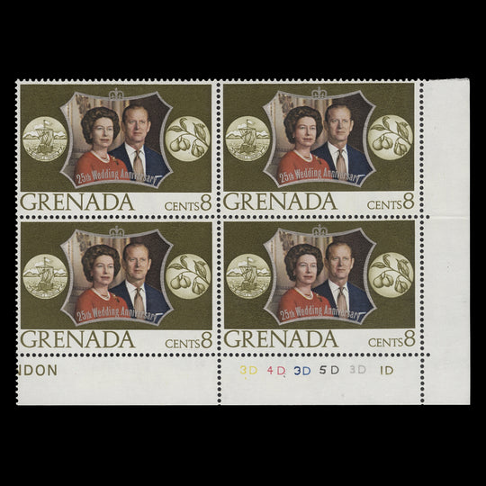 Grenada 1972 (MNH) 8c Royal Silver Wedding plate 3D–4D–3D–5D–3D–1D block