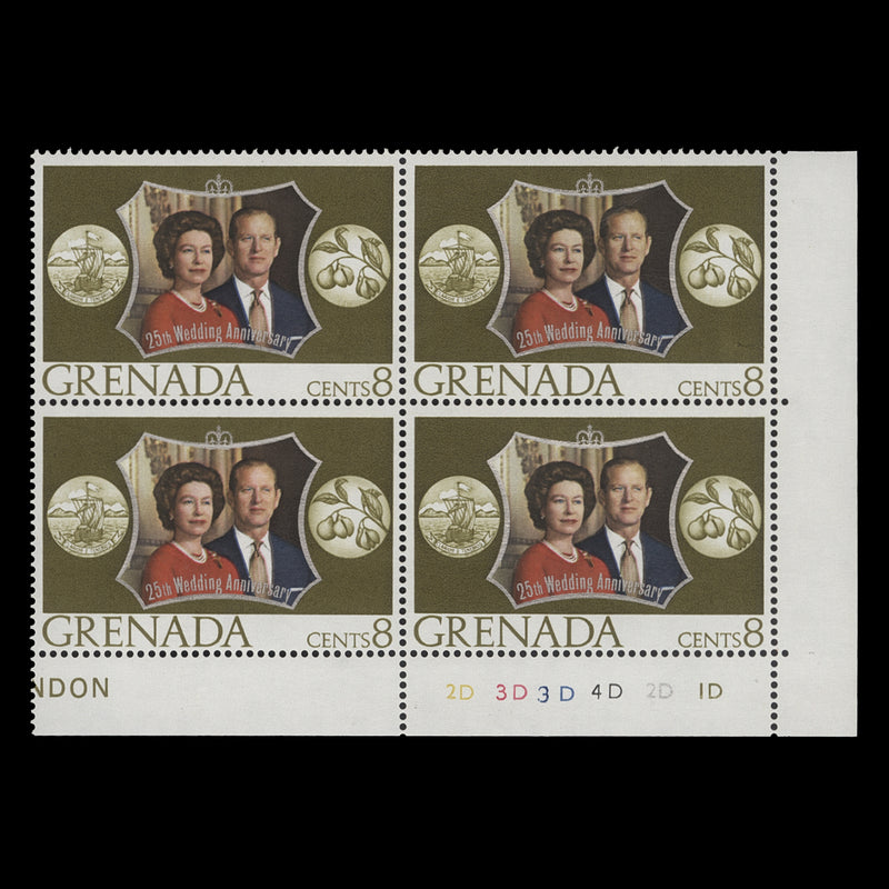 Grenada 1972 (MNH) 8c Royal Silver Wedding plate 2D–3D–3D–4D–2D–1D block