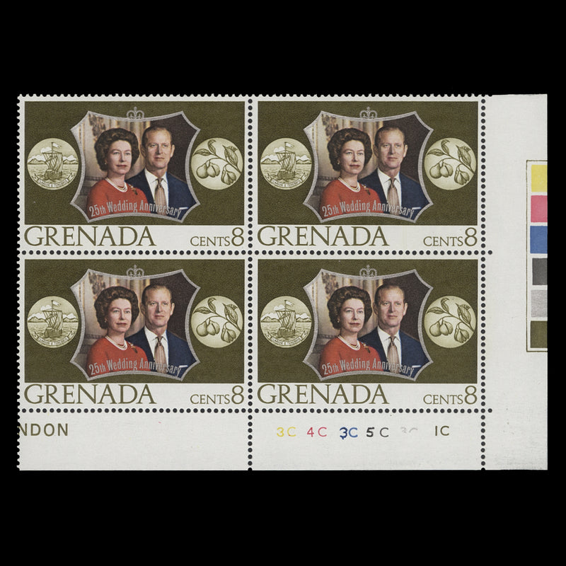Grenada 1972 (MNH) 8c Royal Silver Wedding plate 3C–4C–3C–5C–3C–1C block