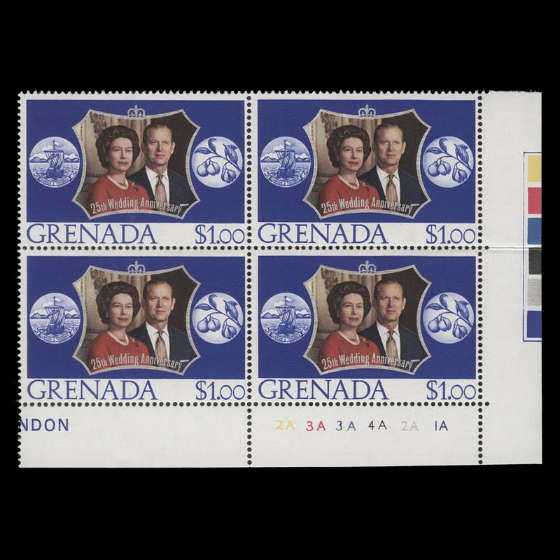 Grenada 1972 (MNH) $1 Royal Silver Wedding plate 2A–3A–3A–4A–2A–1A block