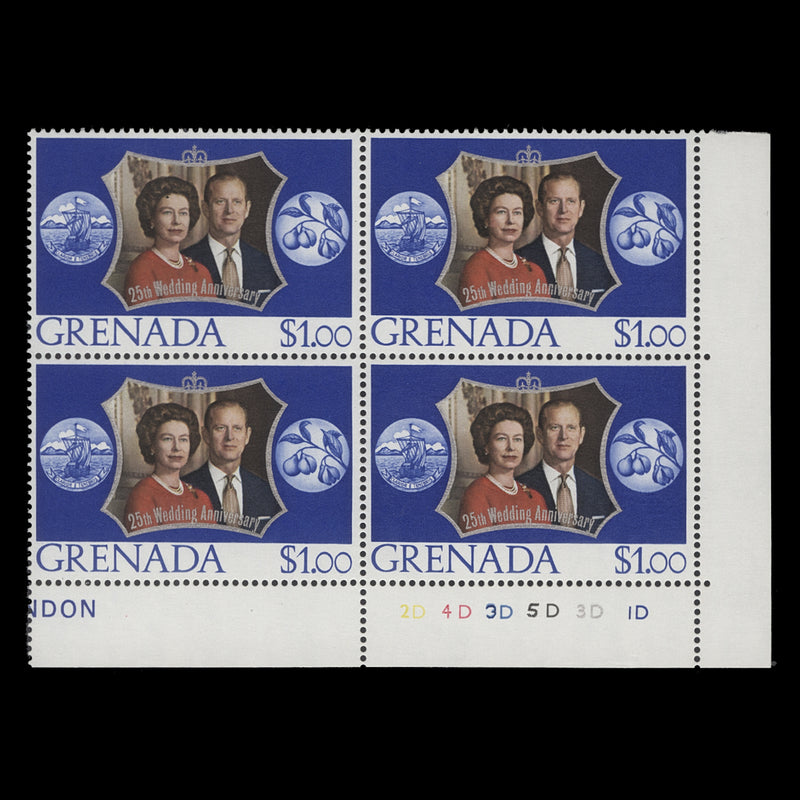 Grenada 1972 (MNH) $1 Royal Silver Wedding plate 2D–4D–3D–5D–3D–1D block