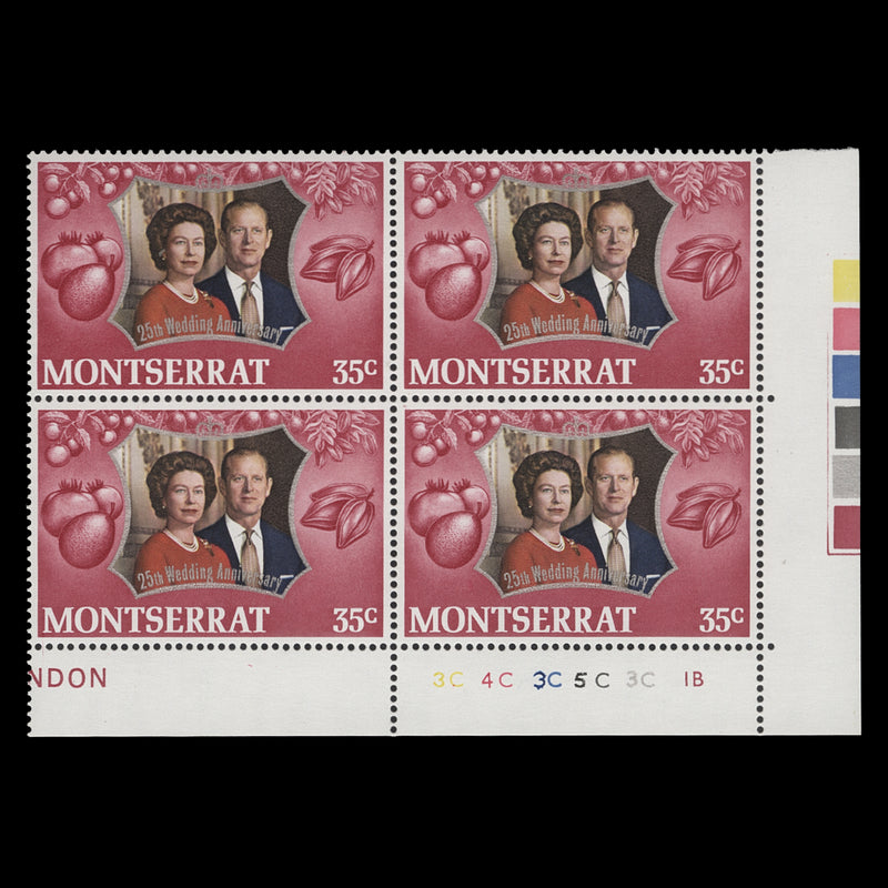 Montserrat 1972 (MNH) 35c Royal Silver Wedding plate 3C–4C–3C–5C–3C–1B block