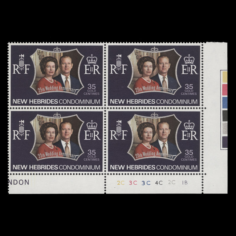 New Hebrides 1972 (MNH) 35c Royal Silver Wedding plate 2C–3C–3C–4C–2C–1B block