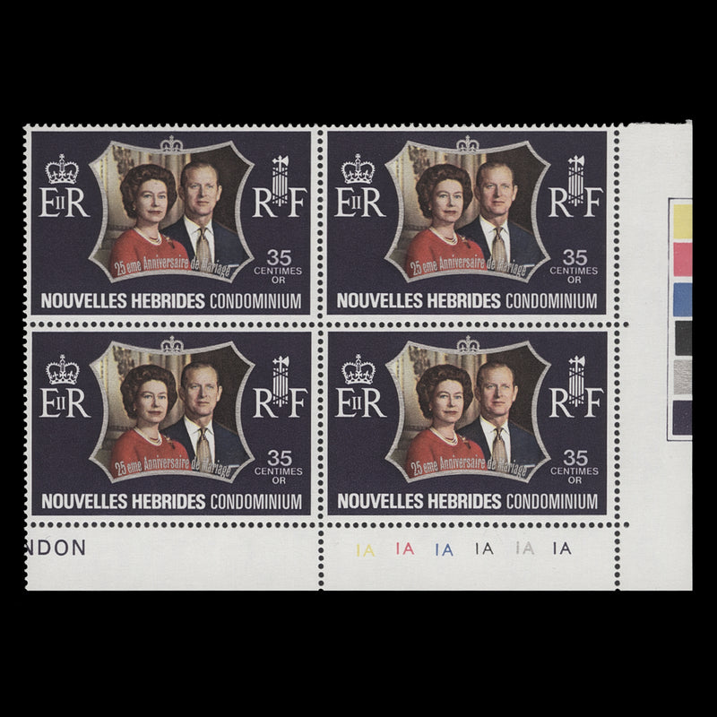 Nouvelles Hebrides 1972 (MNH) 35c Royal Silver Wedding plate 1A–1A–1A–1A–1A–1A block