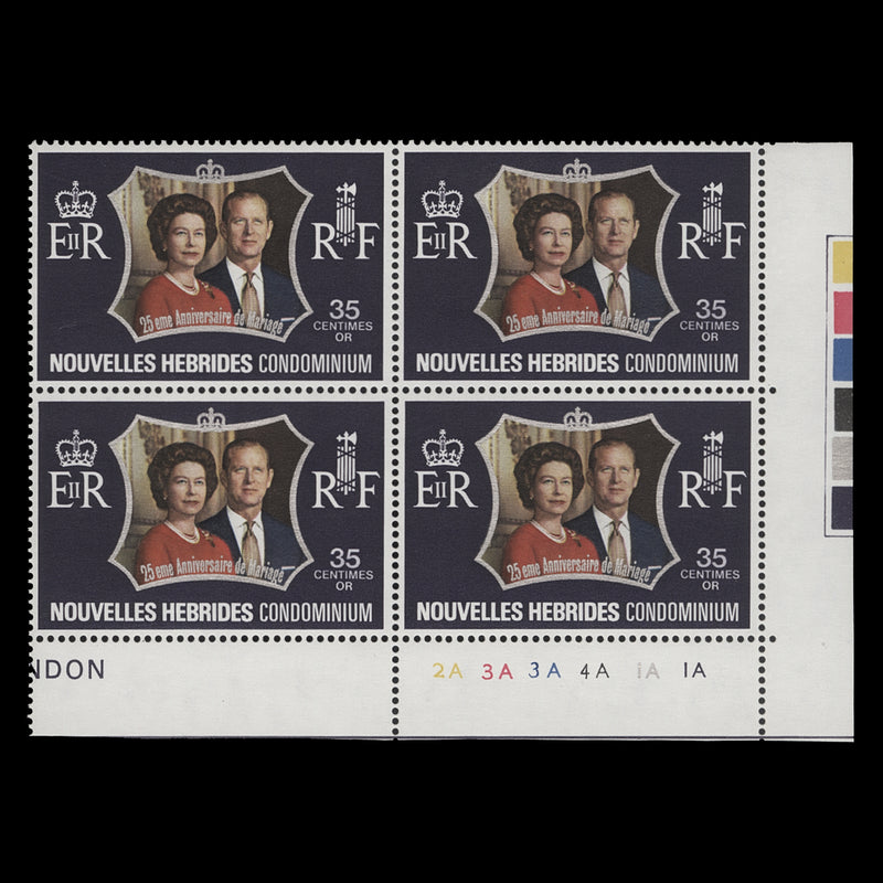 Nouvelles Hebrides 1972 (MNH) 35c Royal Silver Wedding plate 2A–3A–3A–4A–1A–1A block