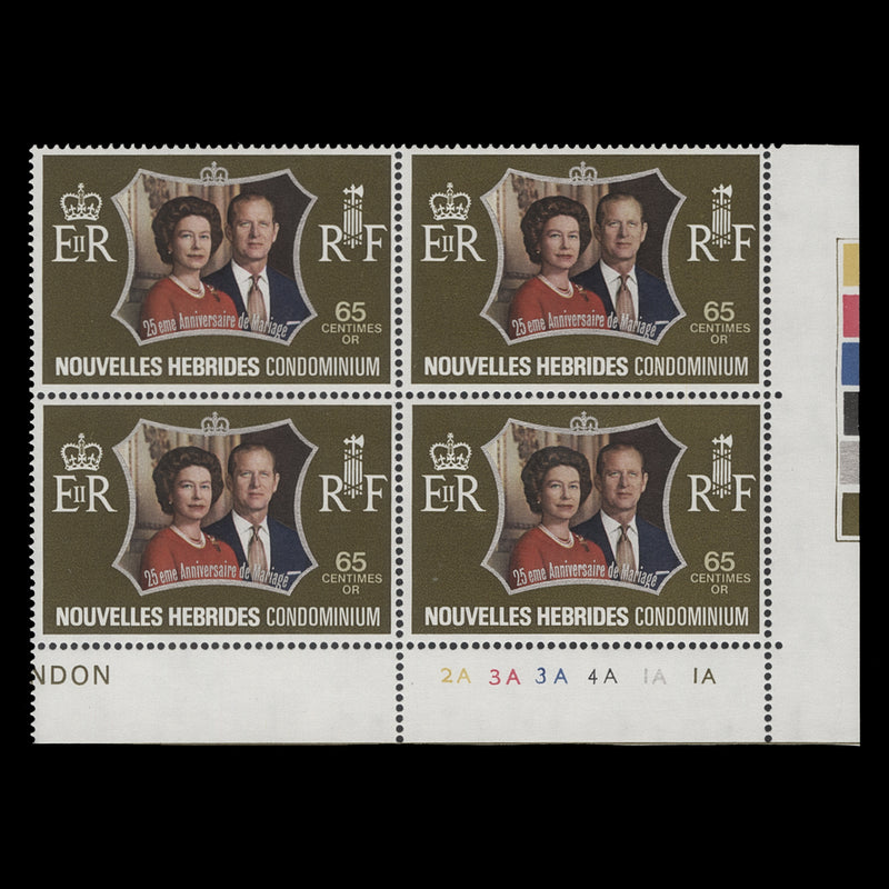 Nouvelles Hebrides 1972 (MNH) 65c Royal Silver Wedding plate 2A–3A–3A–4A–1A–1A block