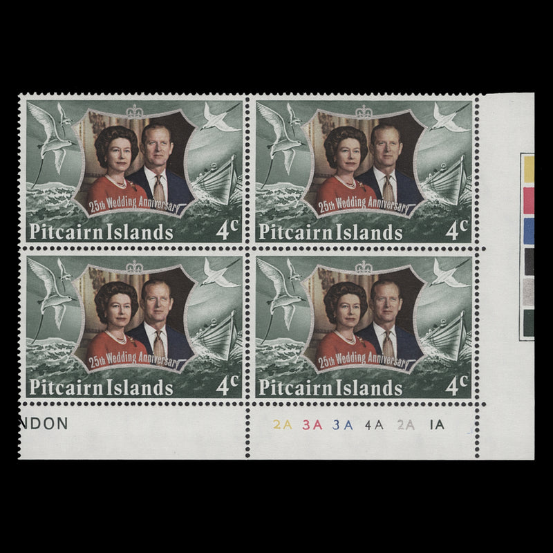 Pitcairn Islands 1972 (MNH) 4c Royal Silver Wedding plate 2A–3A–3A–4A–2A–1A block