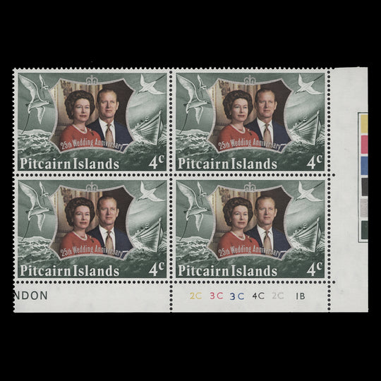 Pitcairn Islands 1972 (MNH) 4c Royal Silver Wedding plate 2C–3C–3C–4C–2C–1B block