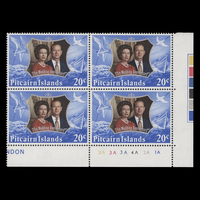 Pitcairn Islands 1972 (MNH) 20c Royal Silver Wedding plate 2A–3A–3A–4A–2A–1A block