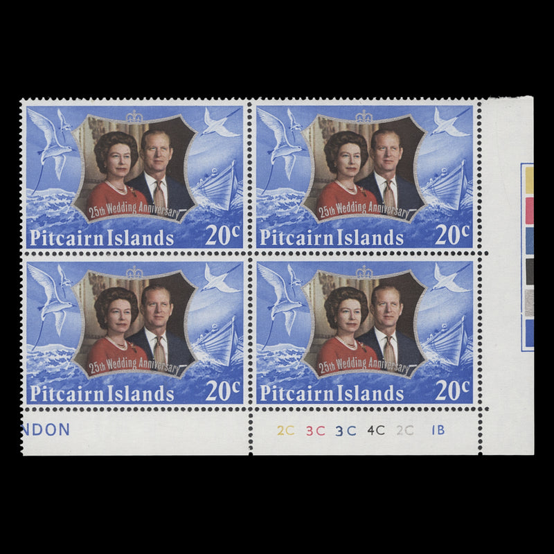 Pitcairn Islands 1972 (MNH) 20c Royal Silver Wedding plate 2C–3C–3C–4C–2C–1B block