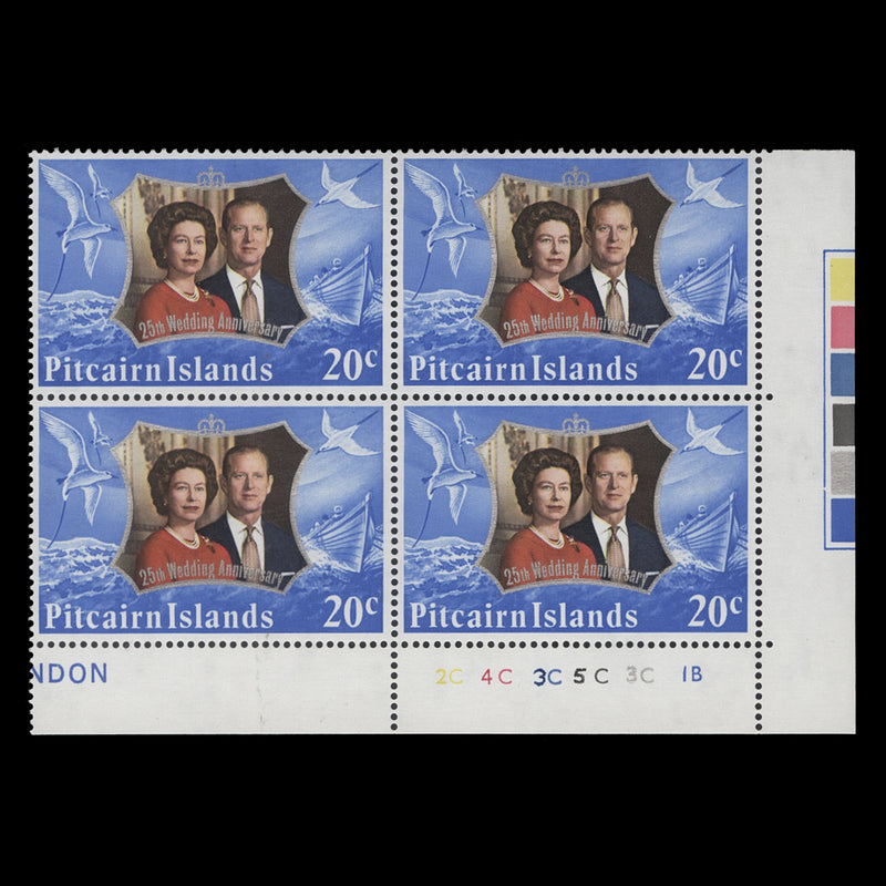 Pitcairn Islands 1972 (MNH) 20c Royal Silver Wedding plate 2C–4C–3C–5C–3C–1B block