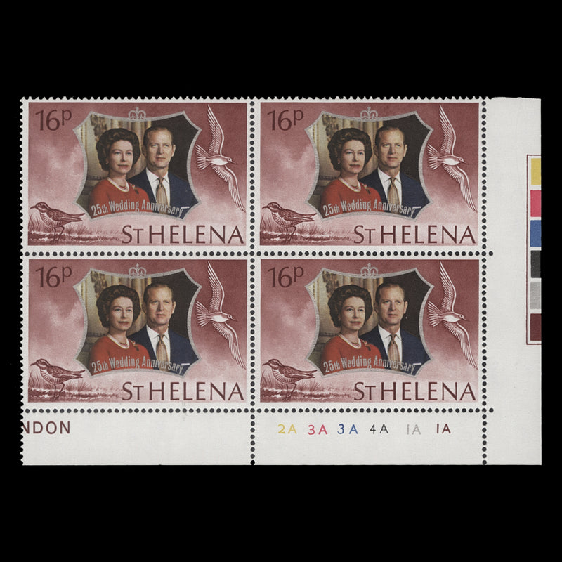 Saint Helena 1972 (MNH) 16p Royal Silver Wedding plate 2A–3A–3A–4A–1A–1A block