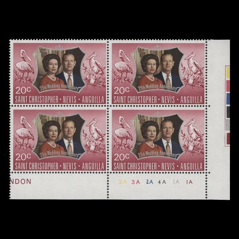 St Christopher Nevis Anguilla 1972 (MNH) 20c Royal Silver Wedding plate block