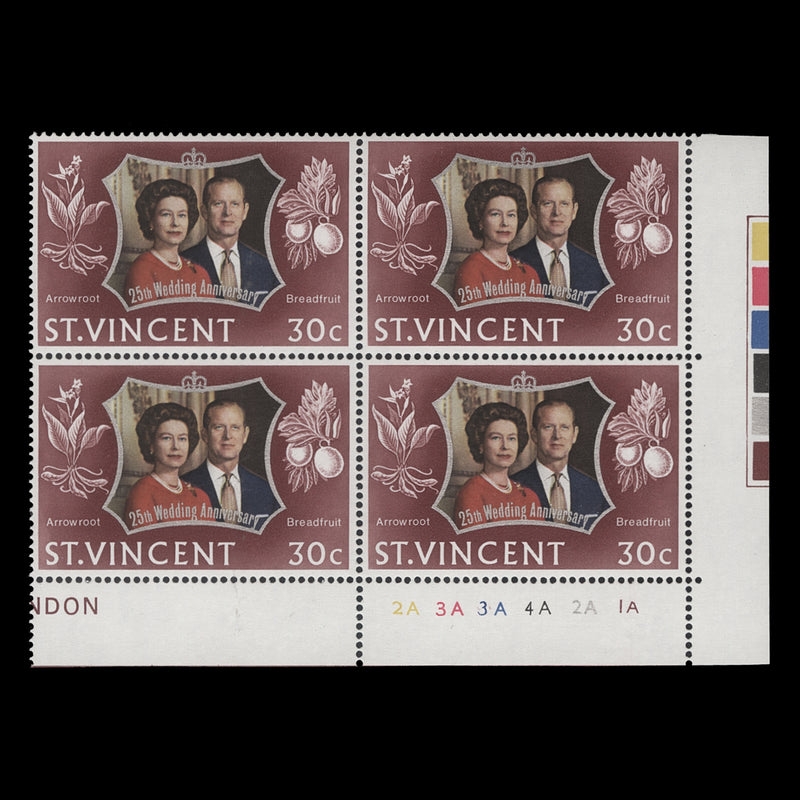 Saint Vincent 1972 (MNH) 30c Royal Silver Wedding plate 2A–3A–3A–4A–2A–1A block