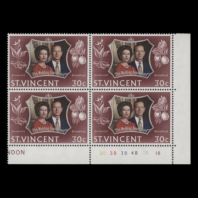 Saint Vincent 1972 (MNH) 30c Royal Silver Wedding plate 2B–3B–3B–4B–2B–1B block