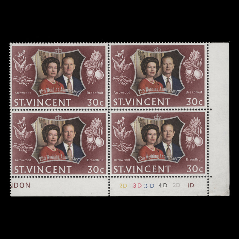 Saint Vincent 1972 (MNH) 30c Royal Silver Wedding plate 2D–3D–3D–4D–2D–1D block