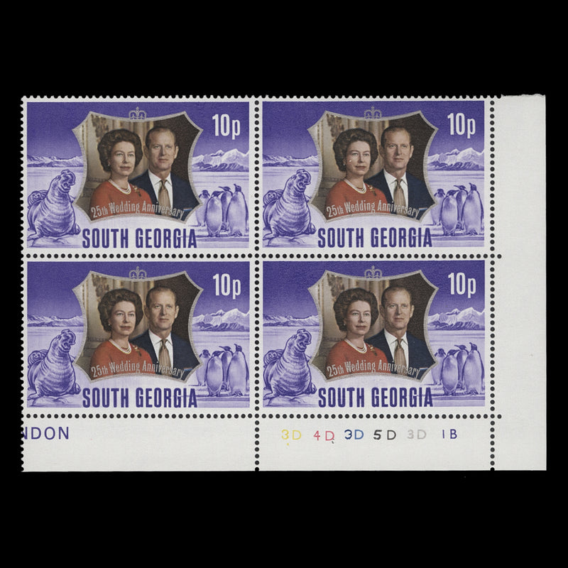 South Georgia 1972 (MNH) 10p Royal Silver Wedding plate 3D–4D–3D–5D–3D–1B block