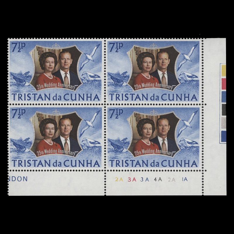 Tristan da Cunha 1972 (MNH) 7½p Royal Silver Wedding plate 2A–3A–3A–4A–2A–1A block