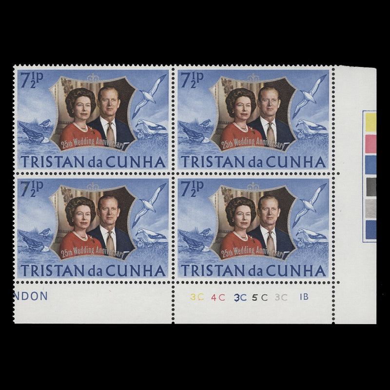 Tristan da Cunha 1972 (MNH) 7½p Royal Silver Wedding plate 3C–4C–3C–5C–3C–1B block