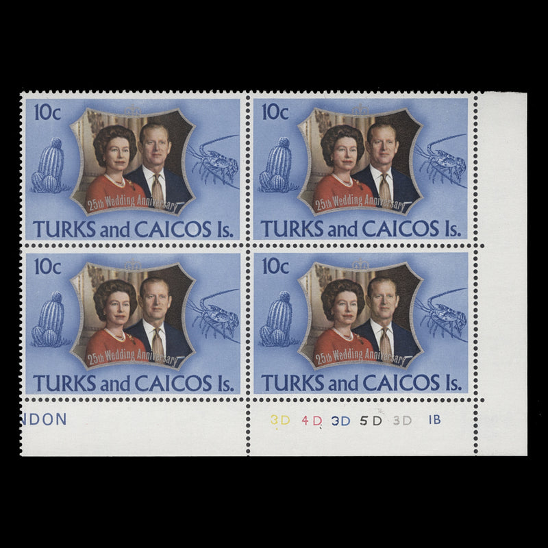 Turks & Caicos Islands 1972 (MNH) 10c Royal Silver Wedding plate 3D–4D–3D–5D–3D–1B block