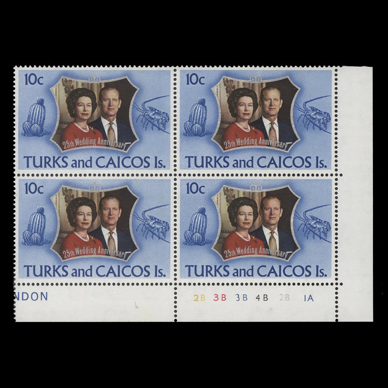 Turks & Caicos Islands 1972 (MNH) 10c Royal Silver Wedding plate 2B–3B–3B–4B–2B–1A block