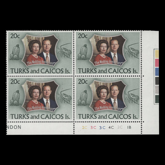 Turks & Caicos Islands 1972 (MNH) 20c Royal Silver Wedding plate 2C–3C–3C–4C–2C–1B block