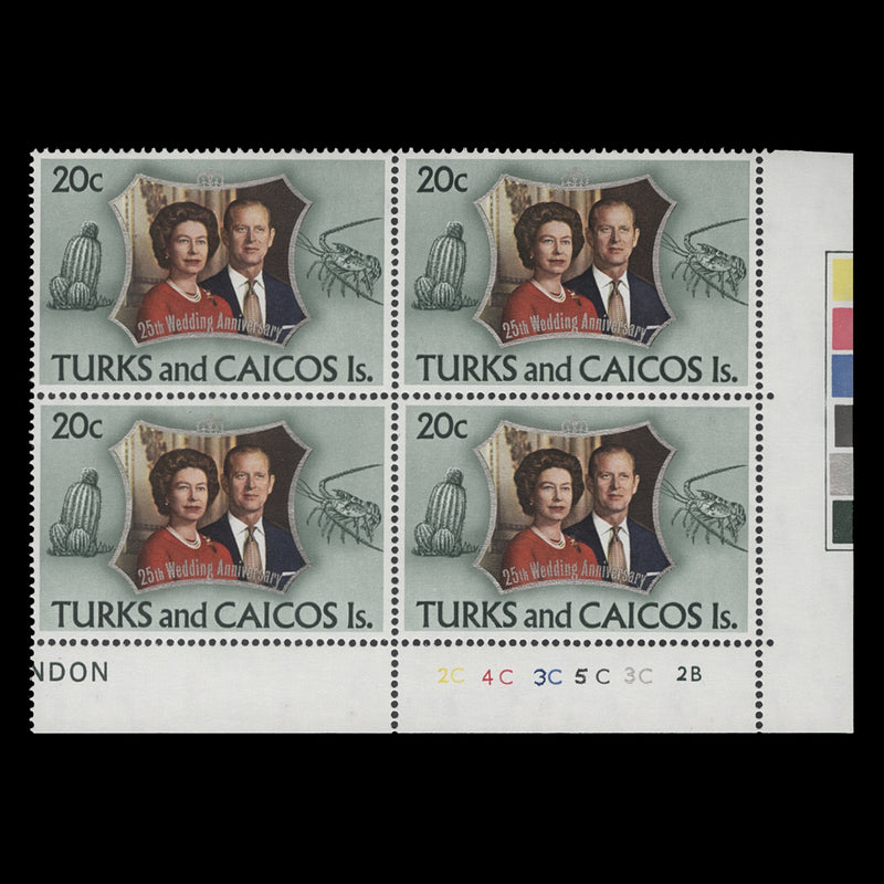 Turks & Caicos Islands 1972 (MNH) 20c Royal Silver Wedding plate 2C–4C–3C–5C–3C–2B block