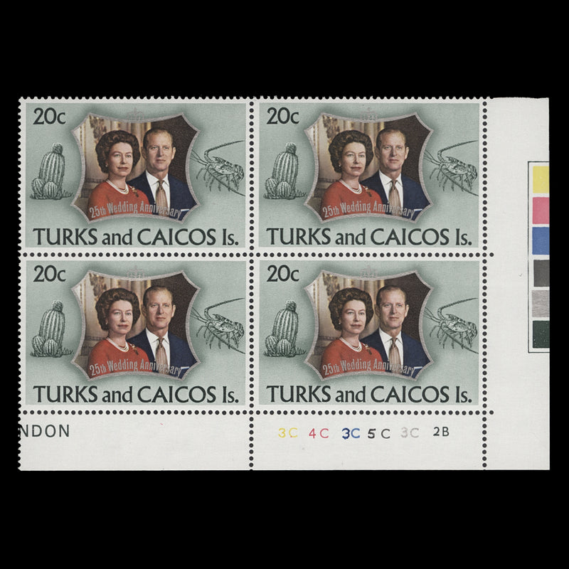 Turks & Caicos Islands 1972 (MNH) 20c Royal Silver Wedding plate 3C–4C–3C–5C–3C–2B block