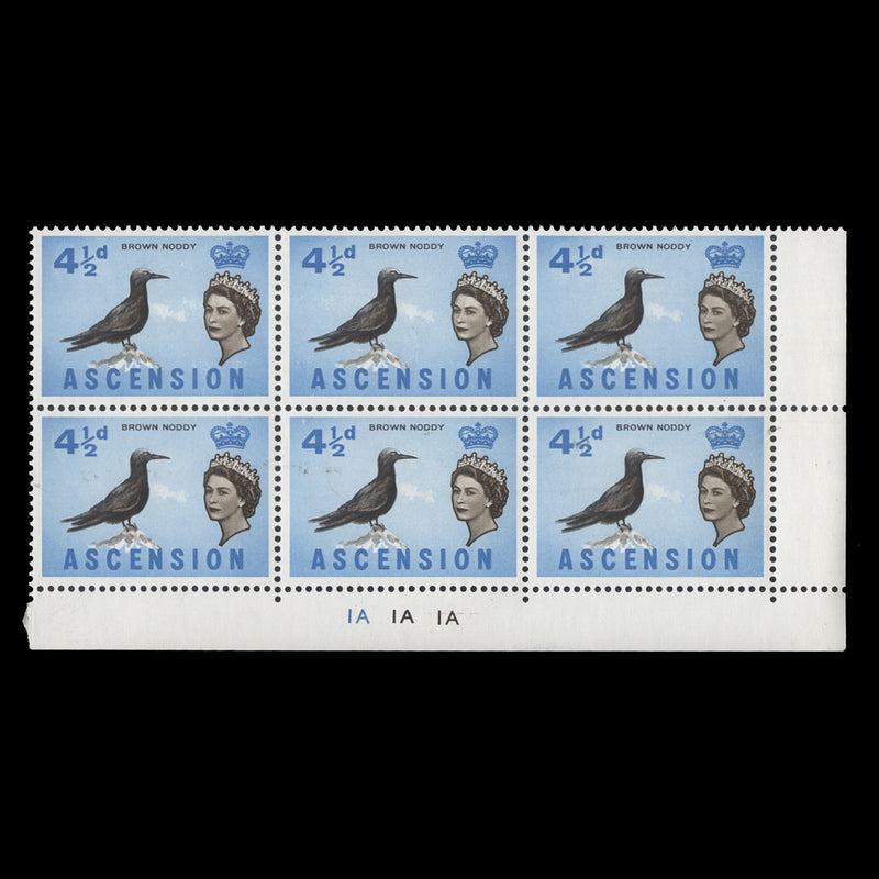 Ascension 1963 (MNH) 4½d Brown Noddy plate 1A–1A–1A block