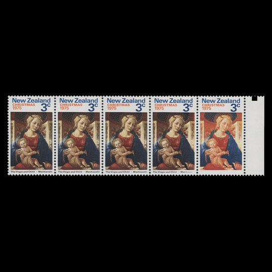 New Zealand 1975 (Variety) 3c Christmas strip with one stamp missing black