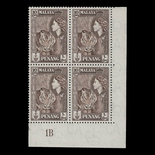 Penang 1957 (MNH) 10c Tiger plate 1B block