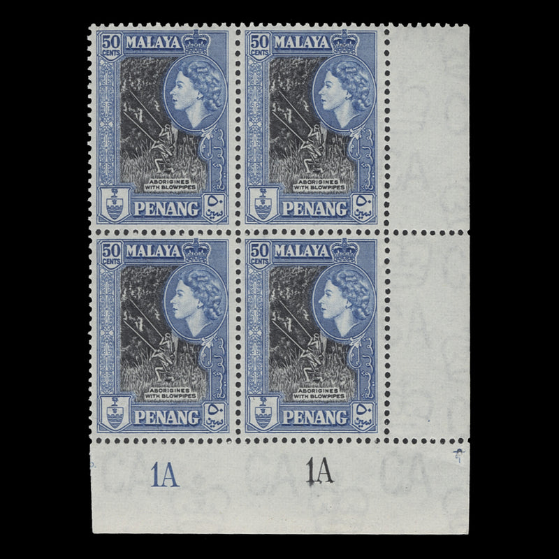 Penang 1957 (MNH) 50c Aborigines with Blowpipes plate 1A–1A block