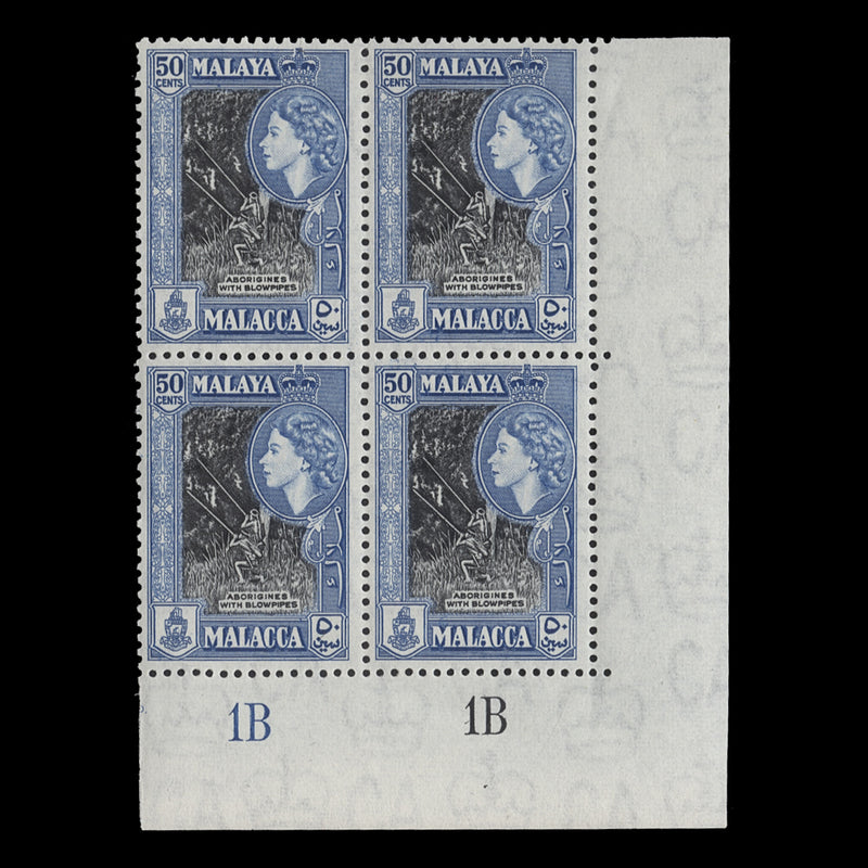 Malacca 1957 (MNH) 50c Aborigines with Blowpipes plate 1B–1B block