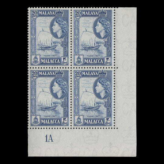 Malacca 1957 (MNH) 20c Fishing Craft plate 1A block