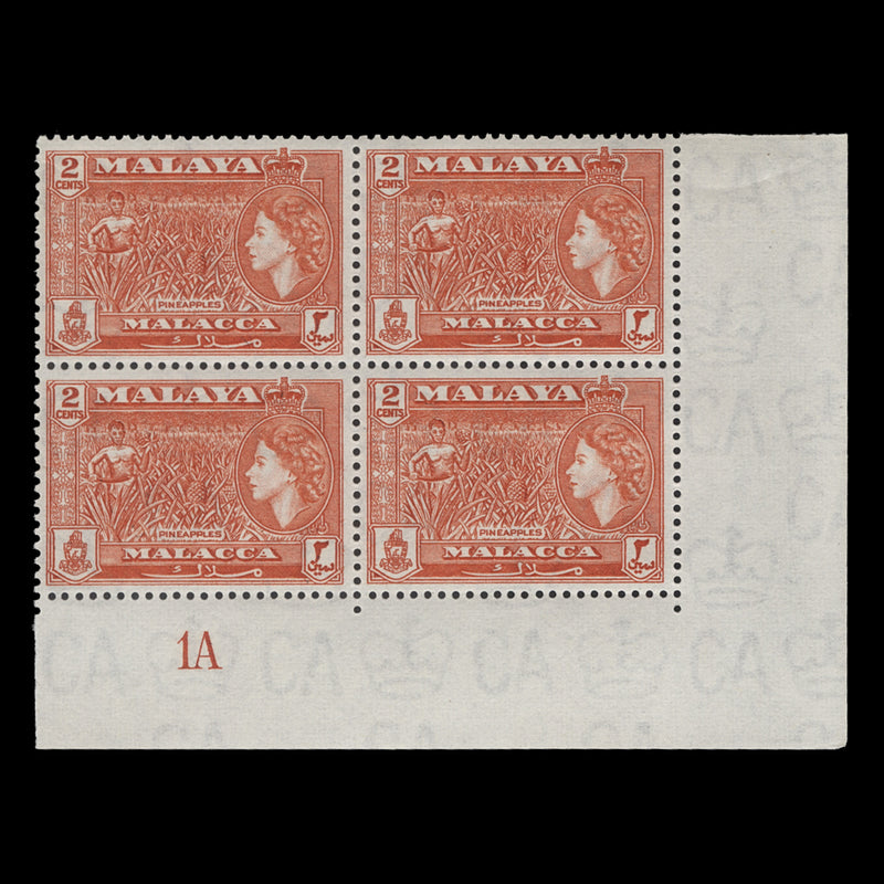 Malacca 1957 (MNH) 2c Pineapples plate 1A block