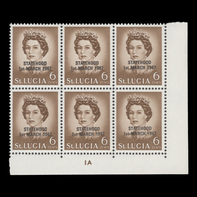 Saint Lucia 1967 (MNH) 6c Queen Elizabeth II plate block with black overprint