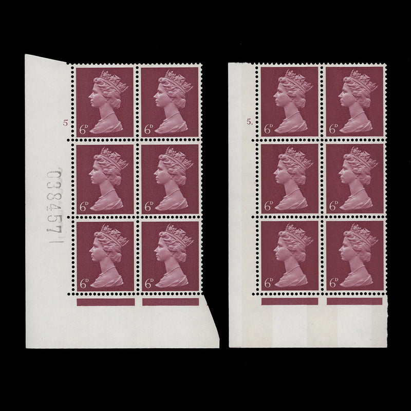 Great Britain 1968 (MNH) 6d Claret cylinder 5 and 5. blocks