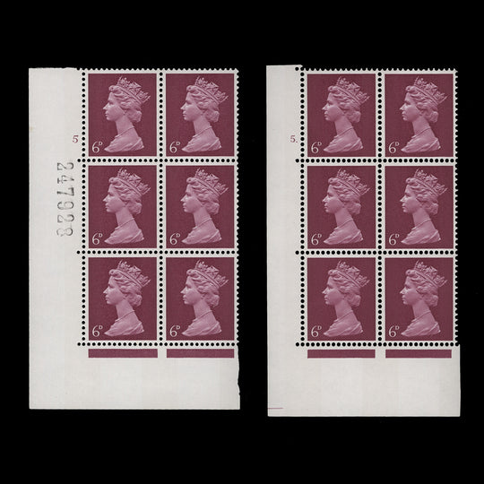 Great Britain 1968 (MNH) 6d Bright Reddish Purple cylinder 5 and 5. blocks