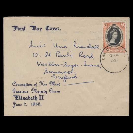 Kenya Uganda Tanganyika 1953 (FDC) 20c Coronation, DAR ES SALAM