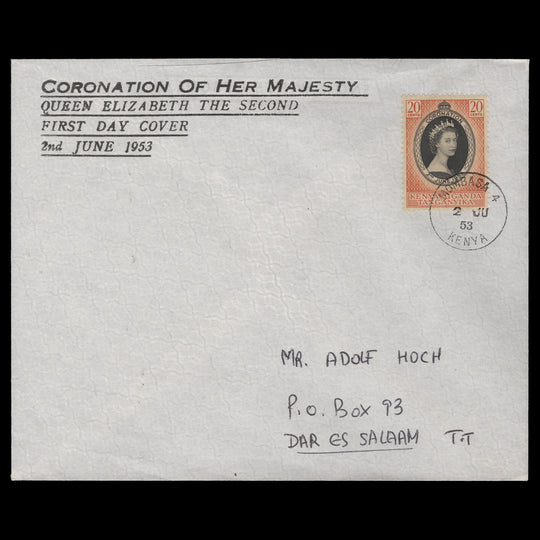 Kenya Uganda Tanganyika 1953 (FDC) 20c Coronation, MOMBASA 4