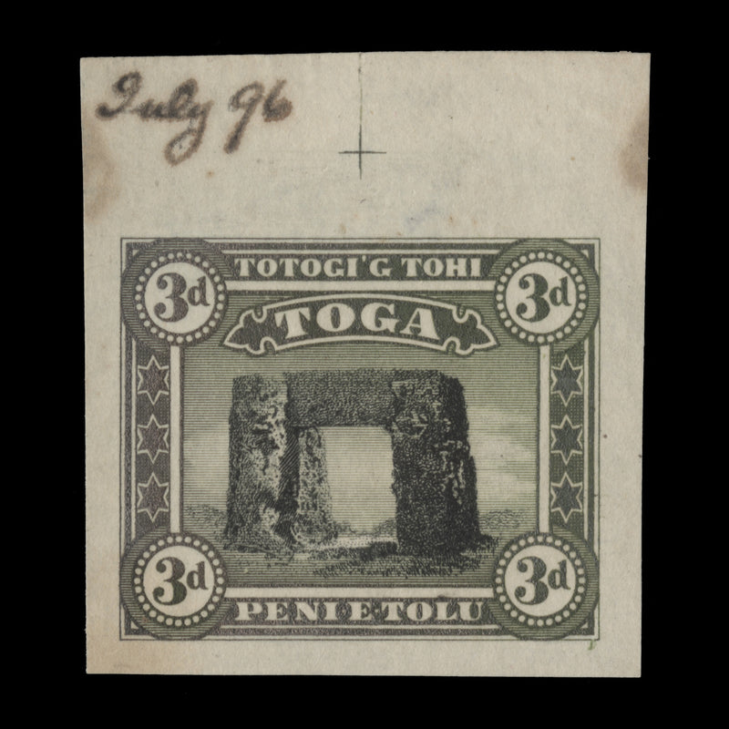 Tonga 1896 Prehistoric Trilith die proof in slate-green and black
