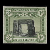Tonga 1896 Prehistoric Trilith die proof in yellow-green and black