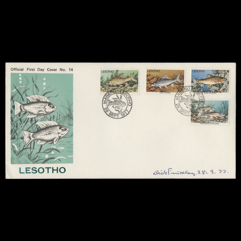 Lesotho 1977 Fish first day cover signed by stamp designer Dick Findlay
