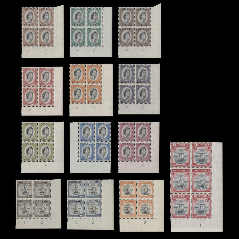 Grenada 1953-59 (MNH) Definitives plate blocks, script watermark