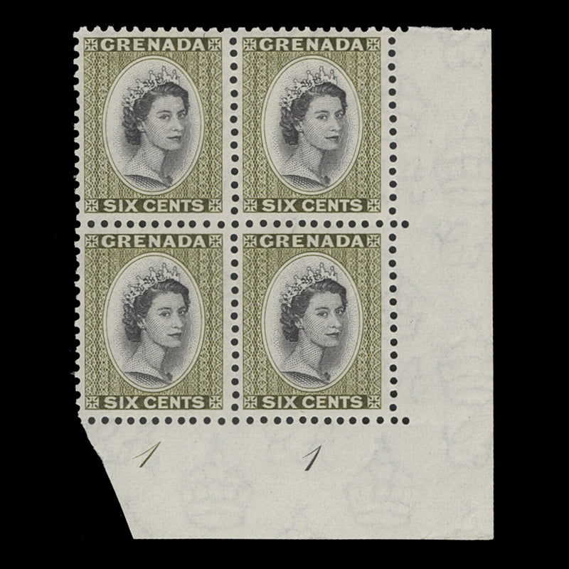 Grenada 1953 (MNH) 6c Queen Elizabeth II plate 1–1 block