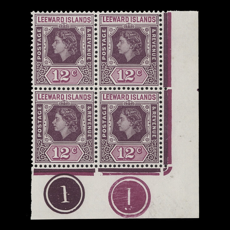 Leeward Islands 1954 (MNH) 12c Queen Elizabeth II plate block