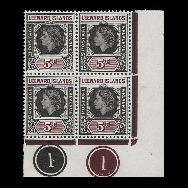 Leeward Islands 1954 (MNH) 5c Queen Elizabeth II plate block